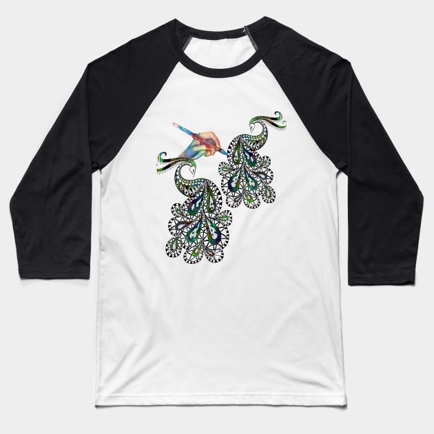 Adult  Coloring  in Art Peacock doodle Baseball T-Shirt by Just Kidding by Nadine May